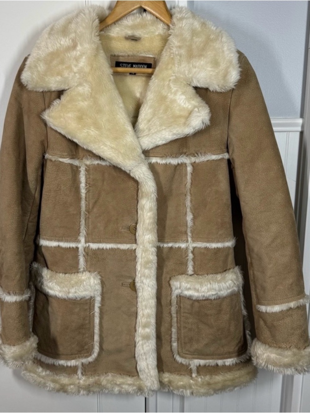Y2K 90s Vintage Steve Madden Tan Suede Coat with Cream Shearling Trim